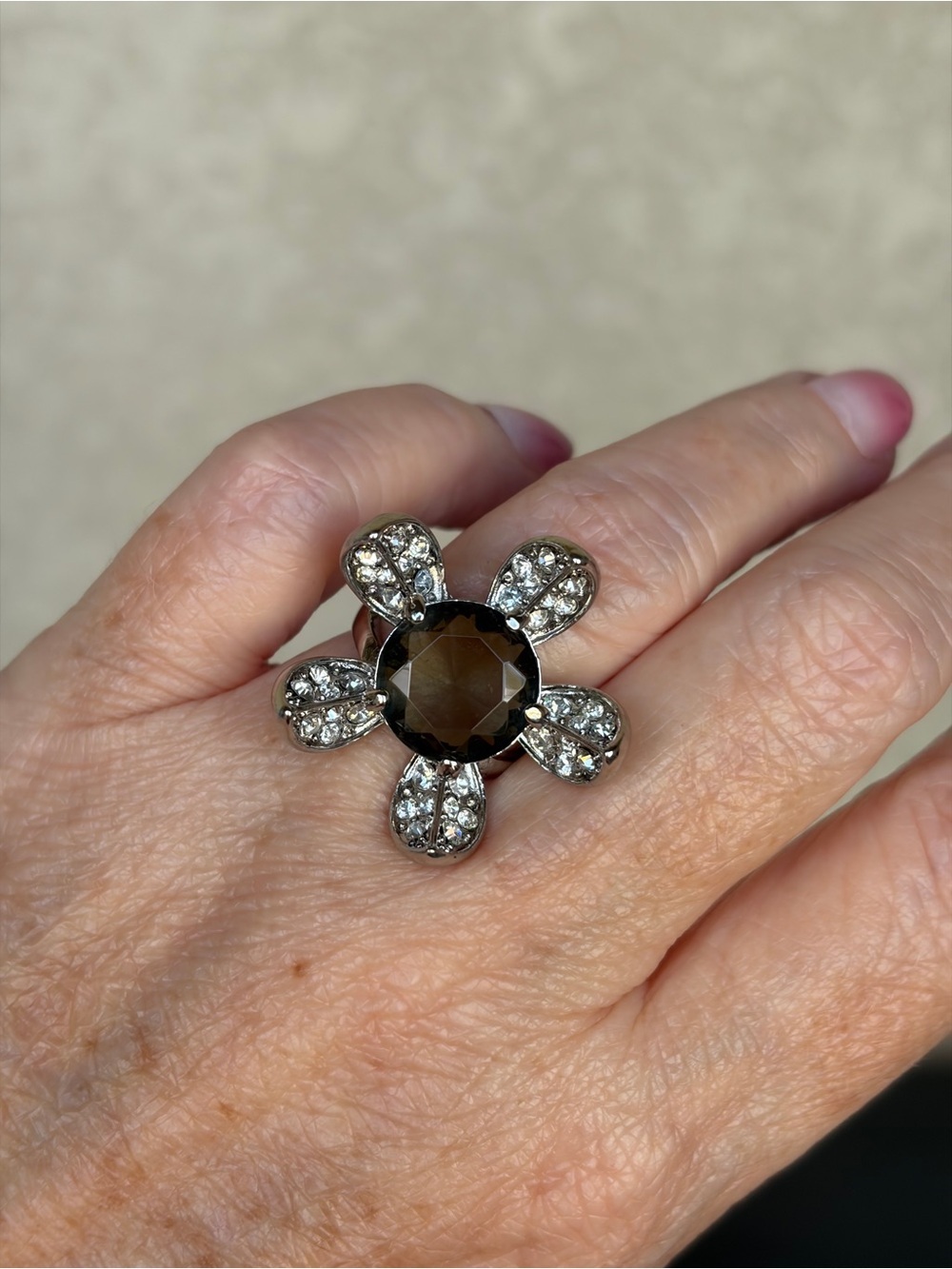 Camille Lucie Silver Flower Cocktail Ring with Smoky Crystal Center